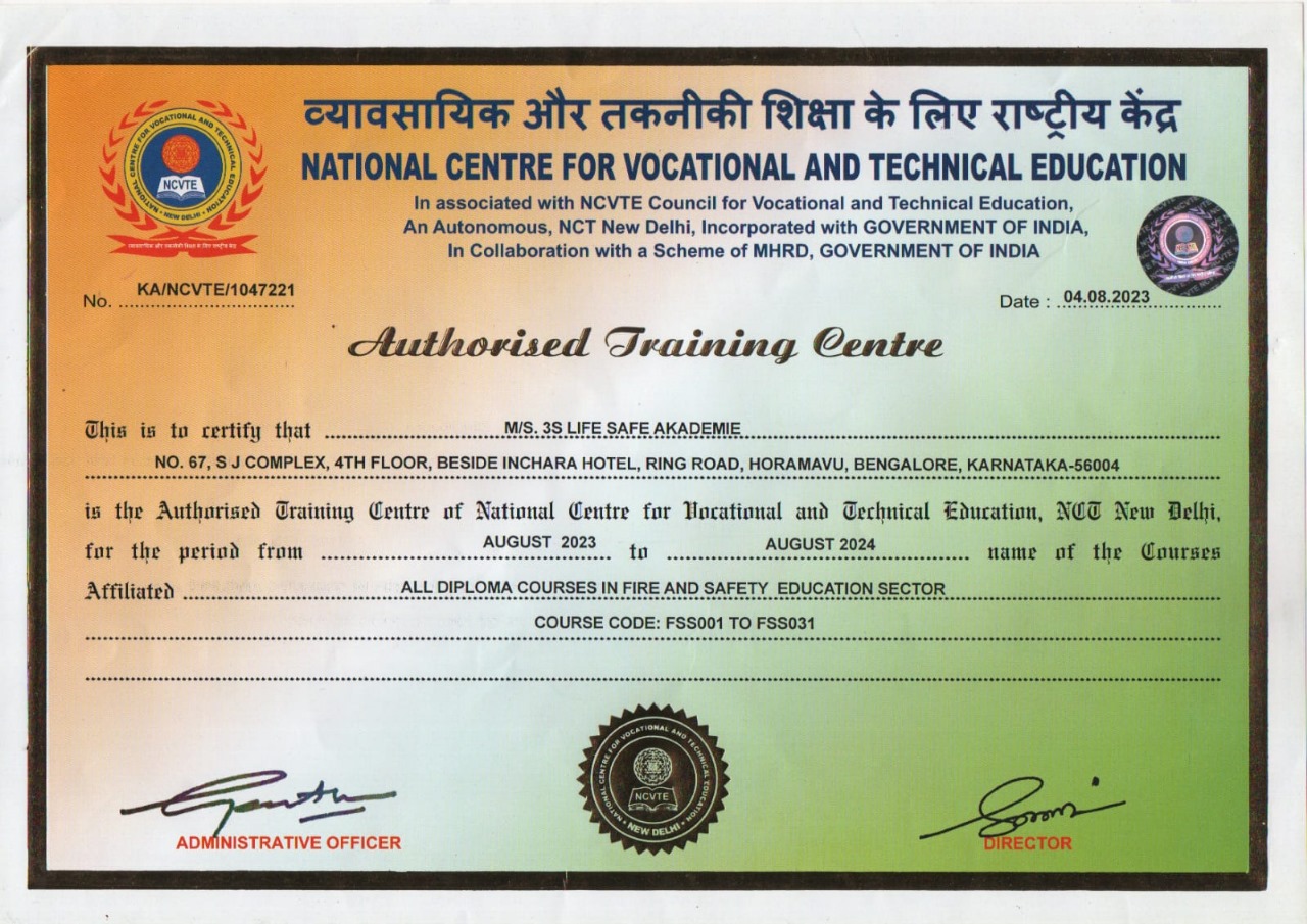 NCVTE accreditation showcased by 3S Life Safe Akademie, highlighting certified vocational training excellence.